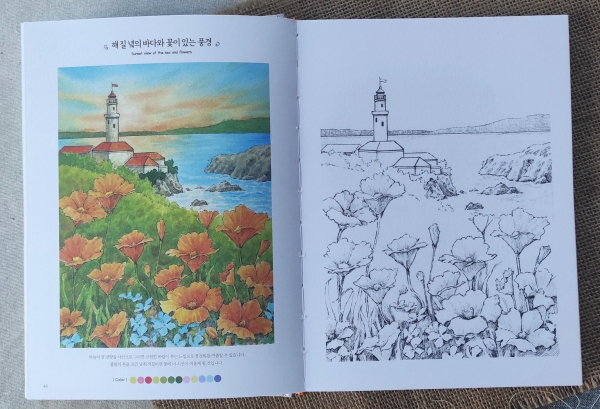 Landscape with flowers watercolor coloring book